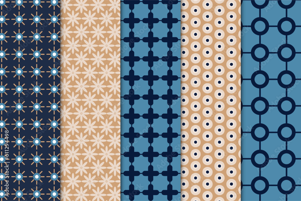 Poster seamless geometric pattern set decoration on dark and blue backgrounds. modern fabric pattern design