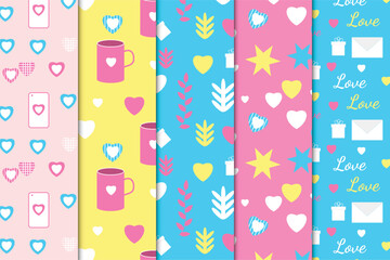 Fototapeta na wymiar Endless love element pattern bundle vector. Girly Valentine pattern collection for book covers, wallpapers, or backgrounds. Creative love pattern set decoration on yellow, blue, and pink backgrounds.
