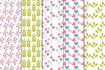 Simple leaf pattern decoration on a white background. Natural style pattern collection for book covers, wallpapers, or backgrounds. Seamless flower, love, and leaf pattern bundle vector.