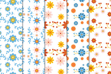 Seamless flower garden and leaf pattern bundle vector. Simple floral pattern decoration on a white background. Natural style flower pattern collection for book covers, wallpapers, or backgrounds.
