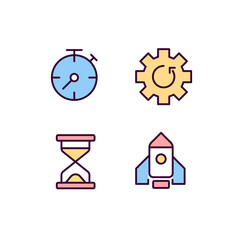 Process and operation pixel perfect RGB color icons set. Download update. Loading time. Launching website. Isolated vector illustrations. Simple filled line drawings collection. Editable stroke