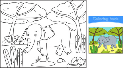 Funny cartoon elephant. Coloring pages. Vector illustration