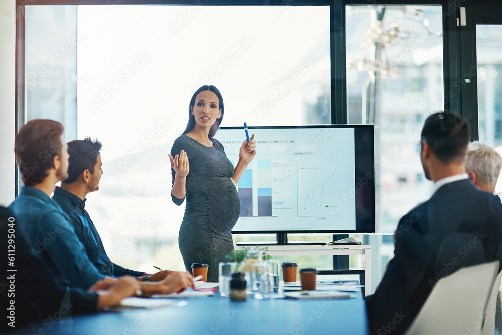 Poster pregnant, business woman and presentation at a teamwork workshop with speech and communication. mana