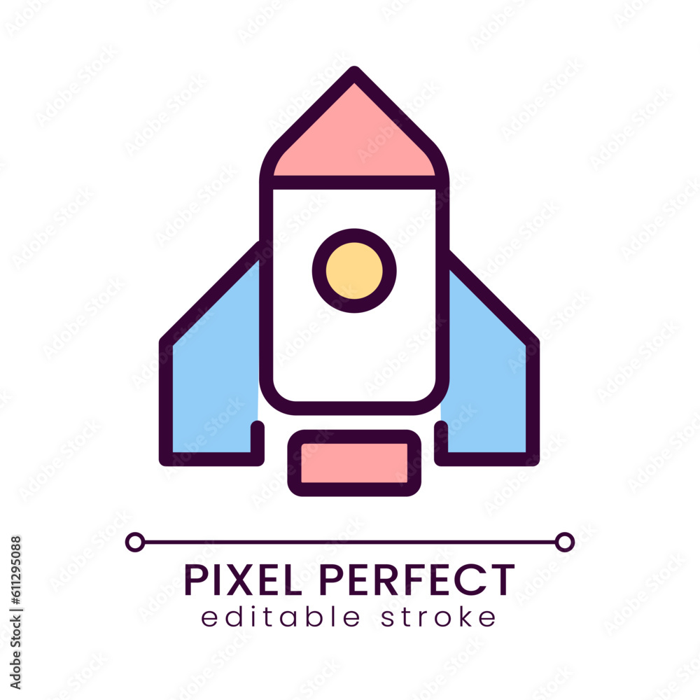 Poster rocket pixel perfect rgb color icon. launch new product and project. start marketing campaign. start