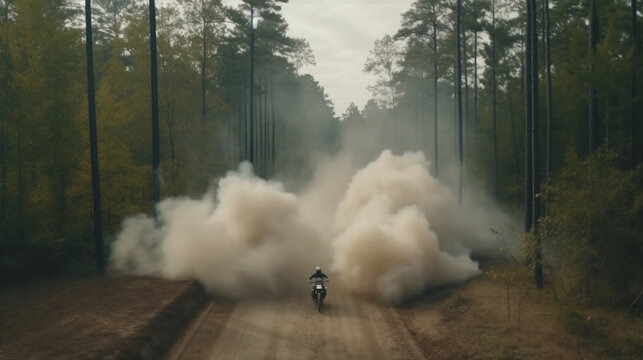 Generative AI image of a dirt bike tearing through a jungle road, kicking up a cloud of dust, fueling the adrenaline rush of adventure