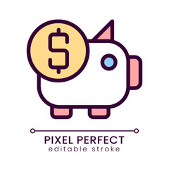 Piggy bank pixel perfect RGB color icon. Money savings. Business investment. Finance management. Isolated vector illustration. Simple filled line drawing. Editable stroke. Poppins font used