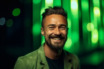 Obraz premium Headshot portrait photography of a happy boy in his 30s smiling against a neon green background. With generative AI technology