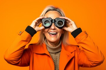 Close-up portrait photography of a happy mature woman imitating the use of binoculars with the hands against a bright orange background. With generative AI technology