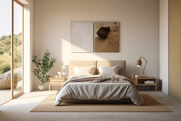 Modern bedroom, and living room in a contemporary house, with a 3D mockup canvas frame on the wall, Generated with AI