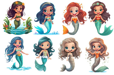 set of mermaids, cute mermaid, transparent background, generated ai