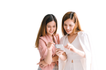 Two Asian business women looking at the smartphone screen using smart phone for online shopping, internet. isolated white background, remove background