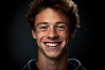 Obraz premium Close-up portrait photography of a grinning boy in his 30s smiling against a matte black background. With generative AI technology