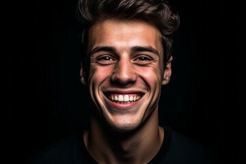 Close-up portrait photography of a grinning boy in his 30s smiling against a matte black background. With generative AI technology