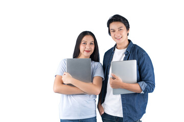 Young happy Asian student man and woman holding laptop isolated white background, remove background