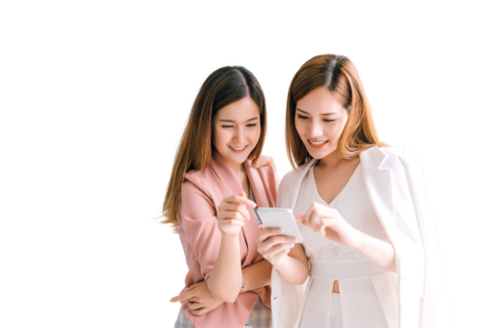 Two Asian business women looking at the smartphone screen using smart phone for online shopping, internet. isolated white background, remove background