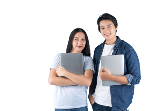 Young happy Asian student man and woman holding laptop isolated white background, remove background