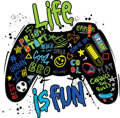 Typography gamer print with joystick. For boys graphic tees