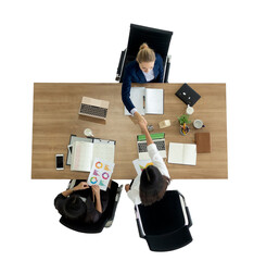 Top view of business people shaking hands after sealing a deal. High angle view of businesswomen...