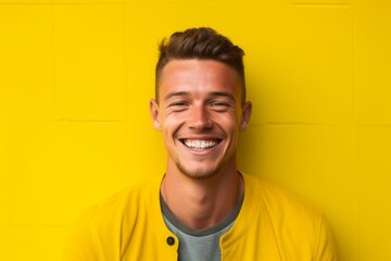 Headshot portrait photography of a satisfied boy in his 30s winking against a bright yellow background. With generative AI technology