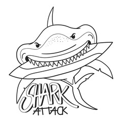 Fototapeta premium Illustration in black and white of a shark biting a surfboard with Shark attack lettering, coloring page