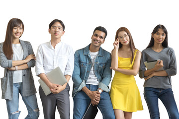 Portrait of Asian creative business team. Hipster Creative Startup Young business people in modern office. isolated white background, remove background