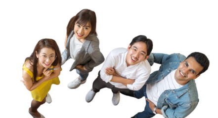 Top view portrait of Asian creative business team. Hipster Creative Startup Young business people in modern office. isolated white background, remove background