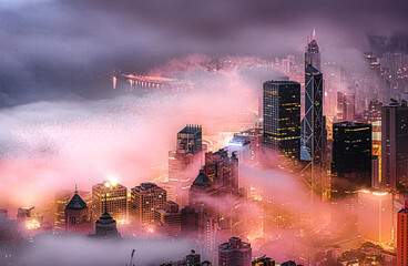 Hong Kong Central in a foggy night