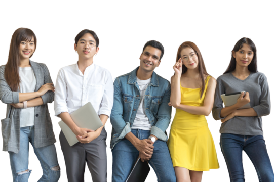 Portrait of Asian creative business team. Hipster Creative Startup Young business people in modern office. isolated white background, remove background