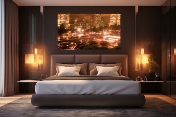 Modern bedroom, and living room in a contemporary house, with a 3D mockup canvas frame on the wall, Generated with AI