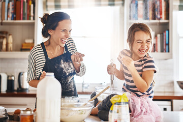 Mother, play or kid baking in kitchen as a happy family with an excited girl laughing or learning cookies recipe. Playful, flour or funny mom helping or teaching kid to bake for development at home - obrazy, fototapety, plakaty