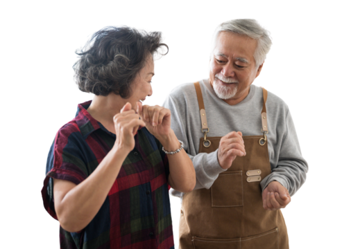 Asian mature senior couple is dancing and smiling in kitchen at home. isolated white background, remove background - Powered by Adobe