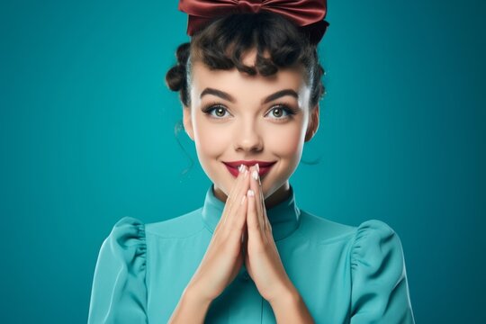 Close-up portrait photography of a glad girl in her 20s making a formal greeting gesture with a bow against a teal blue background. With generative AI technology