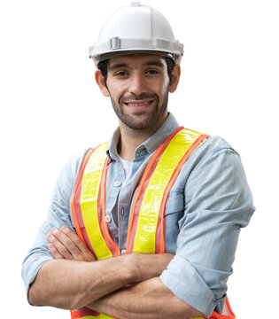 Portrait Of Man Engineer At Building Site Looking At Camera. Male Construction Manager Wearing White Helmet And Yellow Safety Vest Isolated White Background, Remove Background