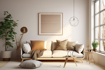 Modern bedroom, and living room in a contemporary house, with a 3D mockup canvas frame on the wall, Generated with AI