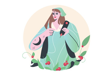 Concept Tatto salon with people scene in the flat cartoon design. The girl works in a tattoo parlor. Vector illustration.