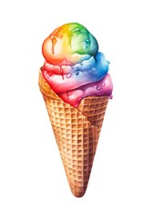 Rainbow colored ice cream in a waffle cone on white background in watercolor style. Generative AI.