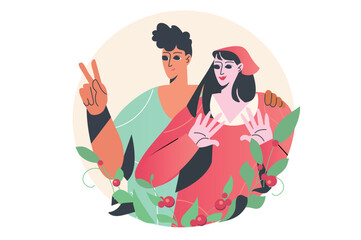 Happy people standing together concept with people scene in the flat cartoon design. Young couple having fun together. Vector illustration.