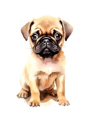 Adorable Pug puppy on white background in watercolor style. Generative AI.