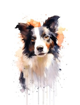 Cute Border Collie puppy on white background, cartoon watercolor illustration. Generative AI.