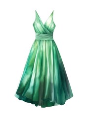 Green female dress isolated on white background in watercolor style. Generative AI.