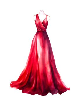 Long evening red dress isolated on white background in watercolor style. Generative AI.