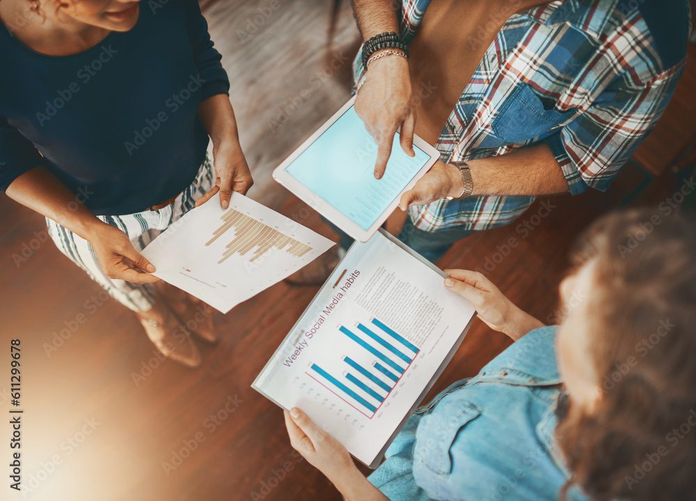 Aufkleber above, graphs or hands of business people with tablet planning a project with charts or data researc