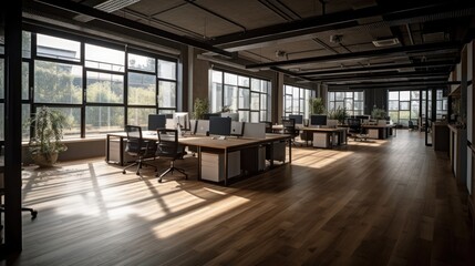 Plakat Trendy modern open concept loft office space with big windows, natural light and a layout to encourage collaboration, creativity and innovation. AI Generative.