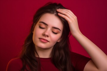 Obraz premium Headshot portrait photography of a glad girl in her 20s holding the hand on the forehead in a headache gesture against a burgundy red background. With generative AI technology