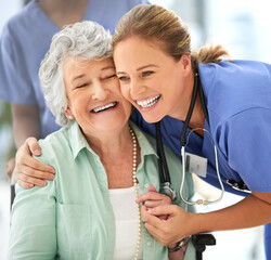 Nurse, senior woman and happy hug of caregiver and smile with support and care in hospital. Wheelchair, patient and healthcare employee help person with a disability with love in a health clinic - obrazy, fototapety, plakaty