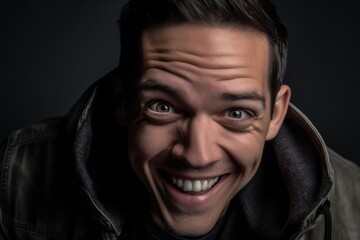 Obraz premium Headshot portrait photography of a happy boy in his 30s covering one eye against a metallic silver background. With generative AI technology