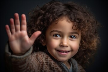 Close-up portrait photography of a glad kid female waving with the hand against a cool gray background. With generative AI technology