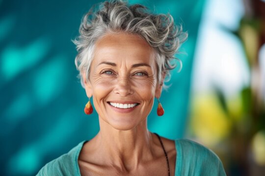 Headshot portrait photography of a beautiful mature woman smiling against a tropical teal background. With generative AI technology