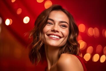 Close-up portrait photography of a grinning girl in her 30s posing as if dancing against a ruby red background. With generative AI technology
