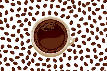 A cup of hot black coffee surrounded by randomly scattered coffee beans on an white background